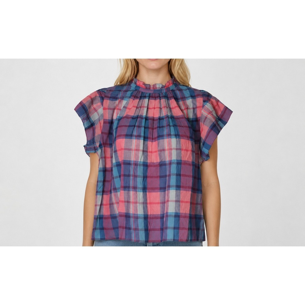 by Trovata Birds Of Paradis Plaid Cotton California Cottage‎ Chic Ruffle Neck XS